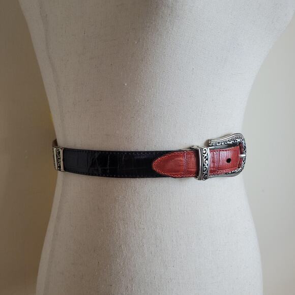 Red Black Leather Belt Medium Reversible Western Scroll Buckle Croc Embossed main image 7